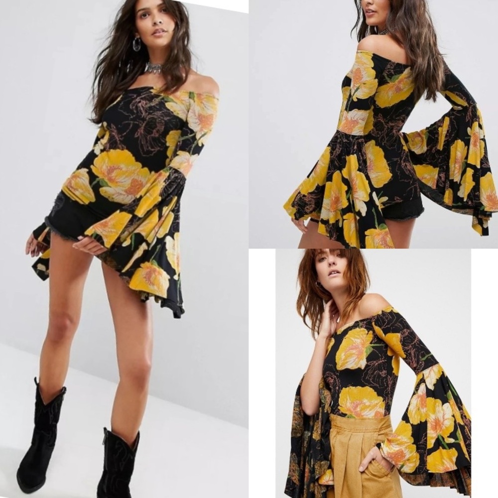 * We The Free XS birds of paradise floral yellow/black top w/ wide flare sleeves